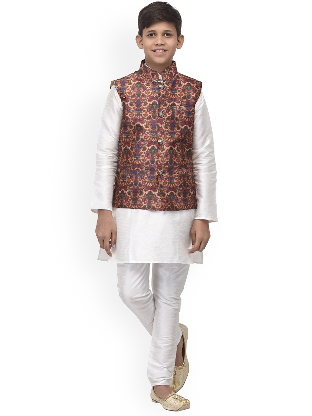 

Benstoke Kids-Boys White Paisley Kurta with Pyjamas and Nehru Jacket