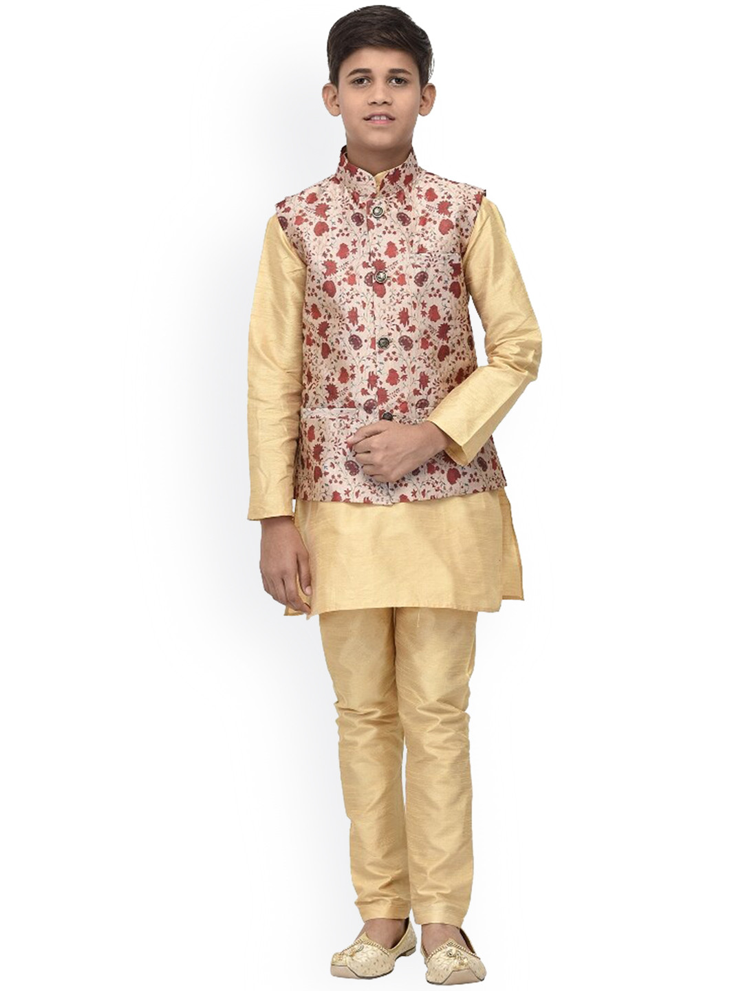 

Benstoke Boys Gold-Toned Solid Kurta Pyjama With Printed Waistcoat