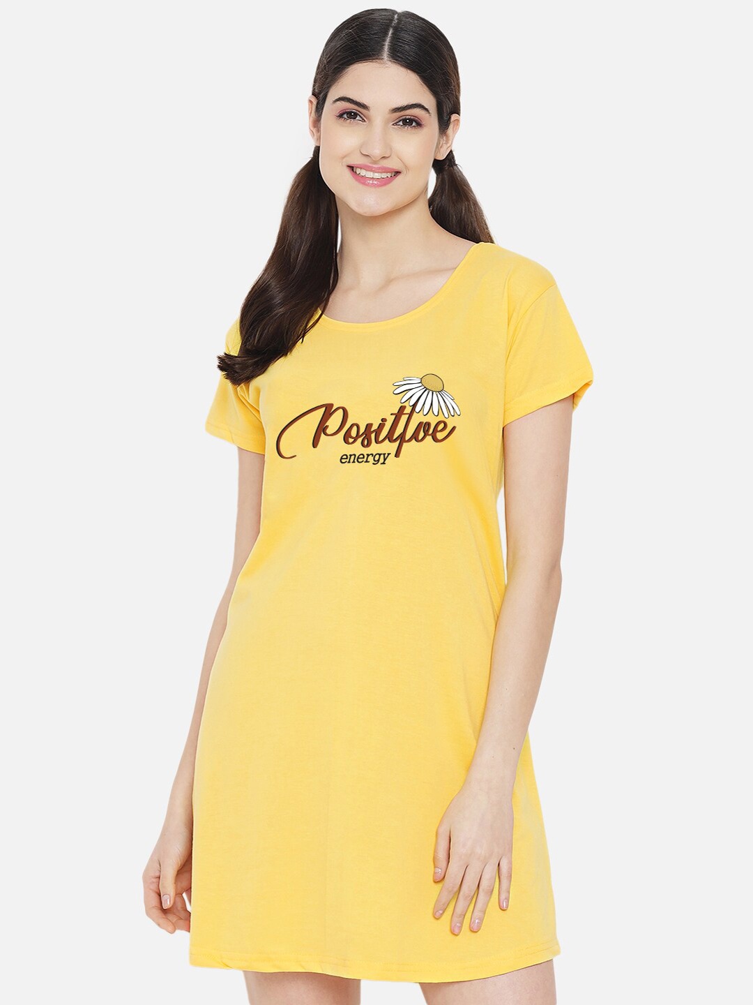 

FFLIRTYGO Yellow Printed T-shirt Nightdress