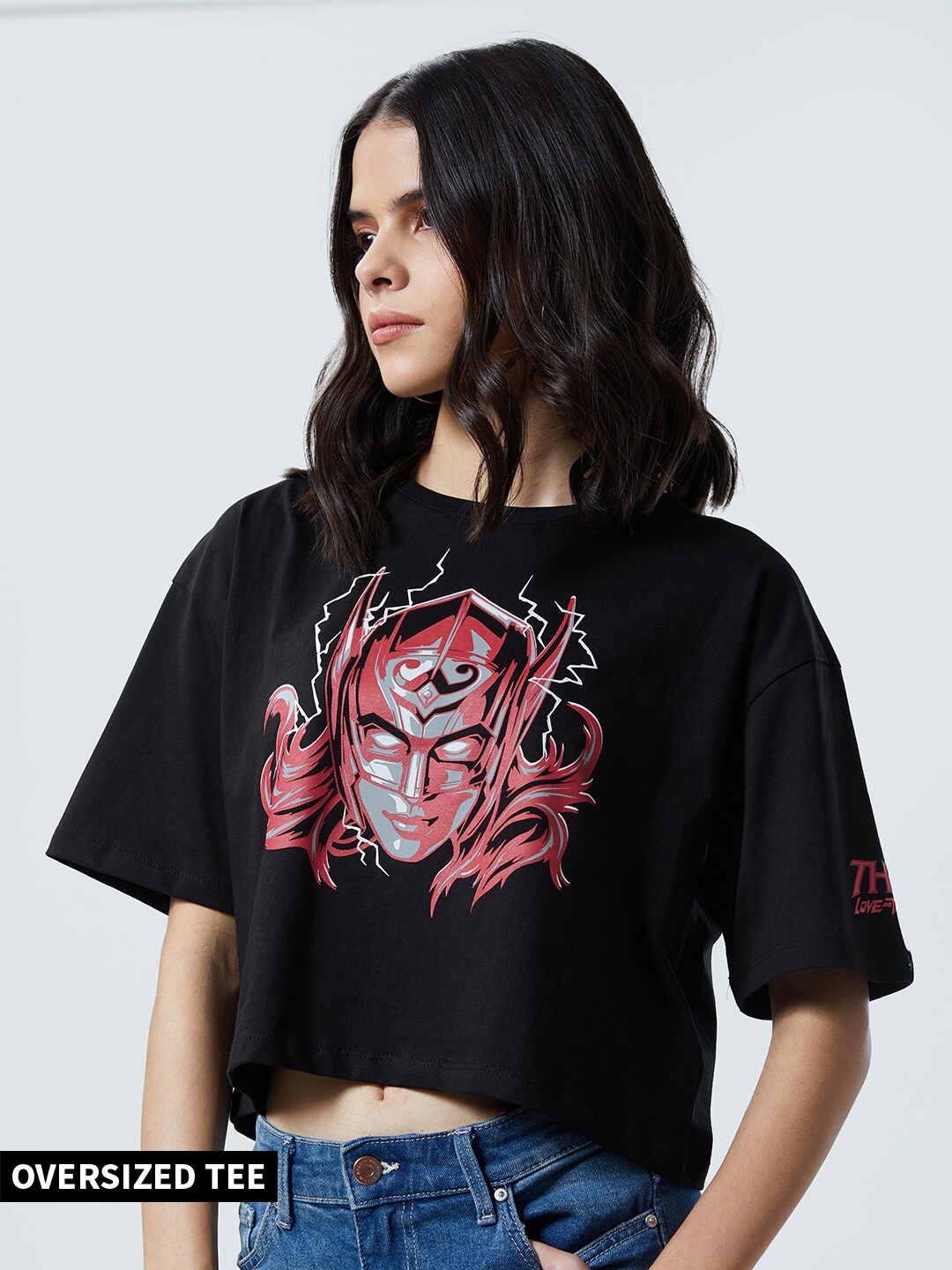 

The Souled Store Women Black Thor Jane Foster Round Neck Oversized Crop T-Shirt