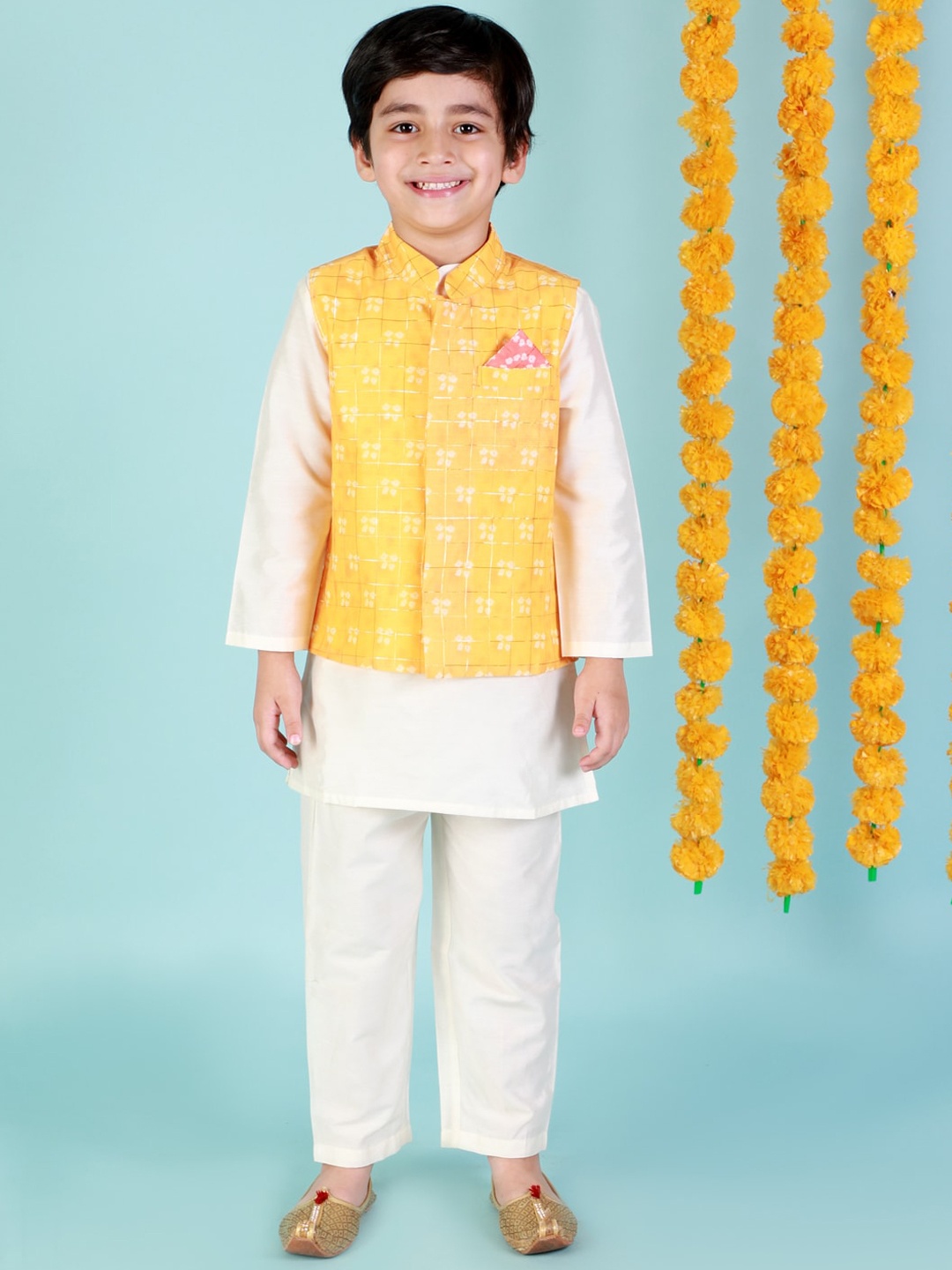 

LIL DRAMA Boys White Ethnic Kurta with Trousers and Nehru Jacket