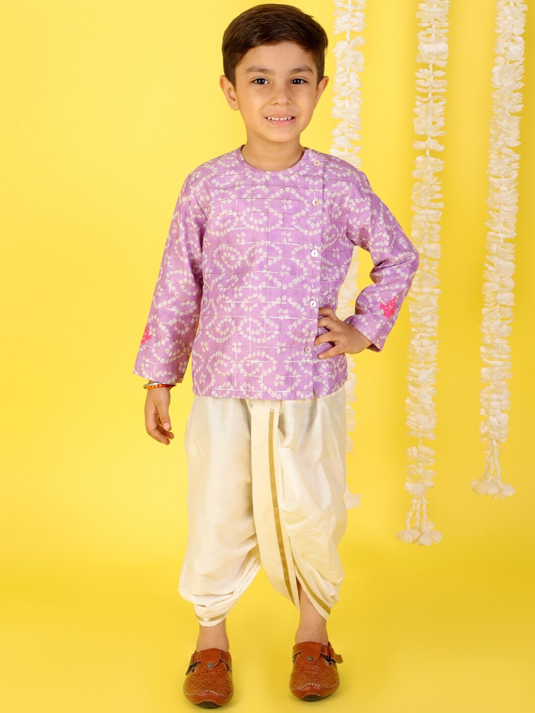 

LIL DRAMA Boys Purple Bandhani Printed Angrakha Kurti with Dhoti Pants