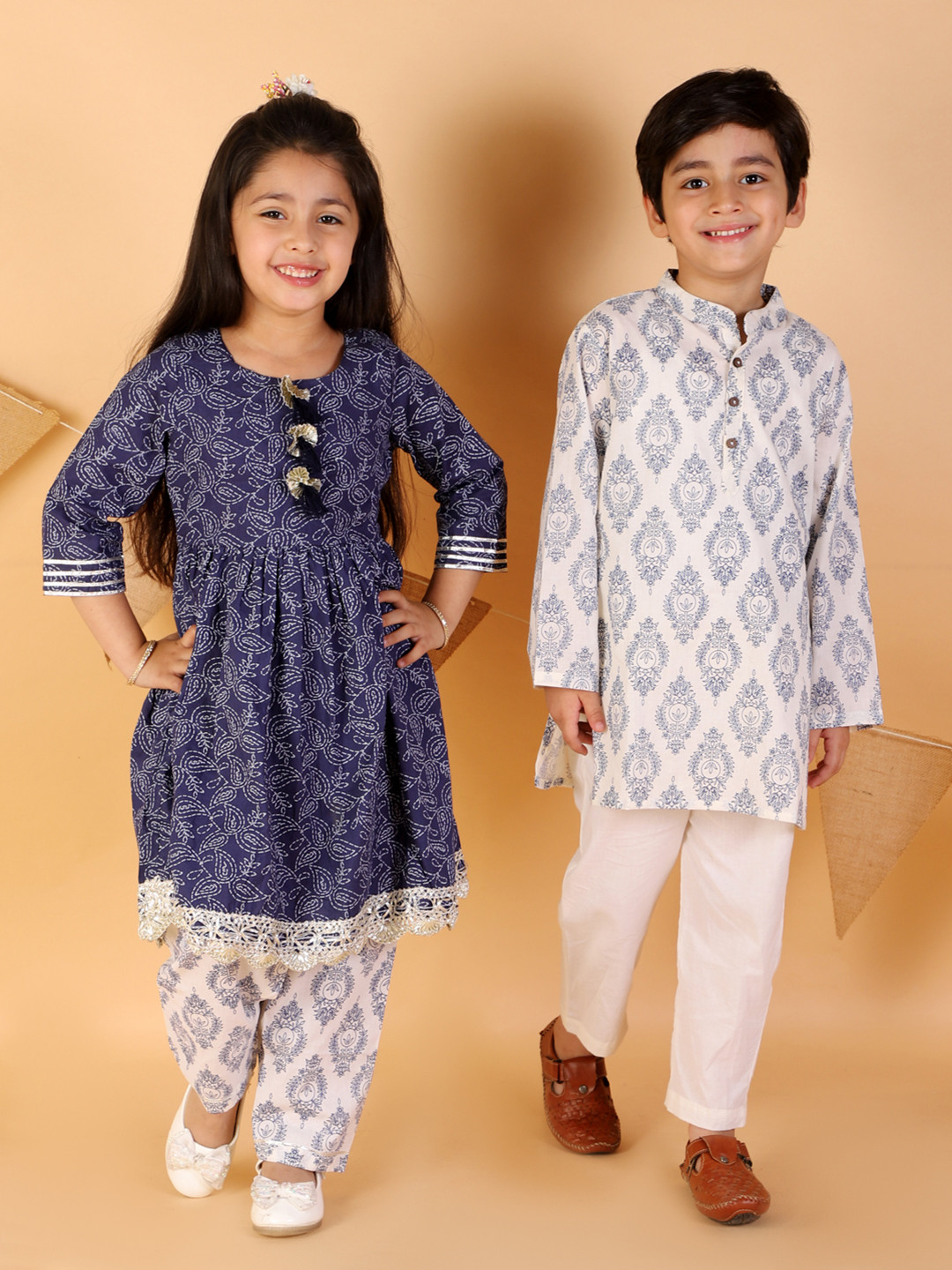 

LIL DRAMA Boys Blue Ethnic Motifs Printed Pure Cotton Kurta with Pyjamas