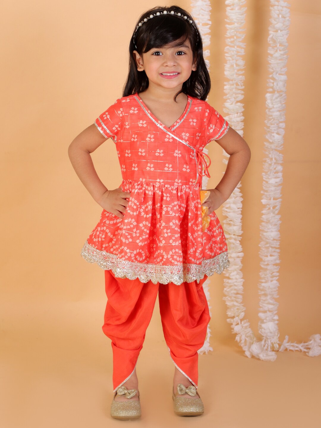 

LIL DRAMA Girls Pink Bandhani Printed Angrakha Kurta with Dhoti Pants