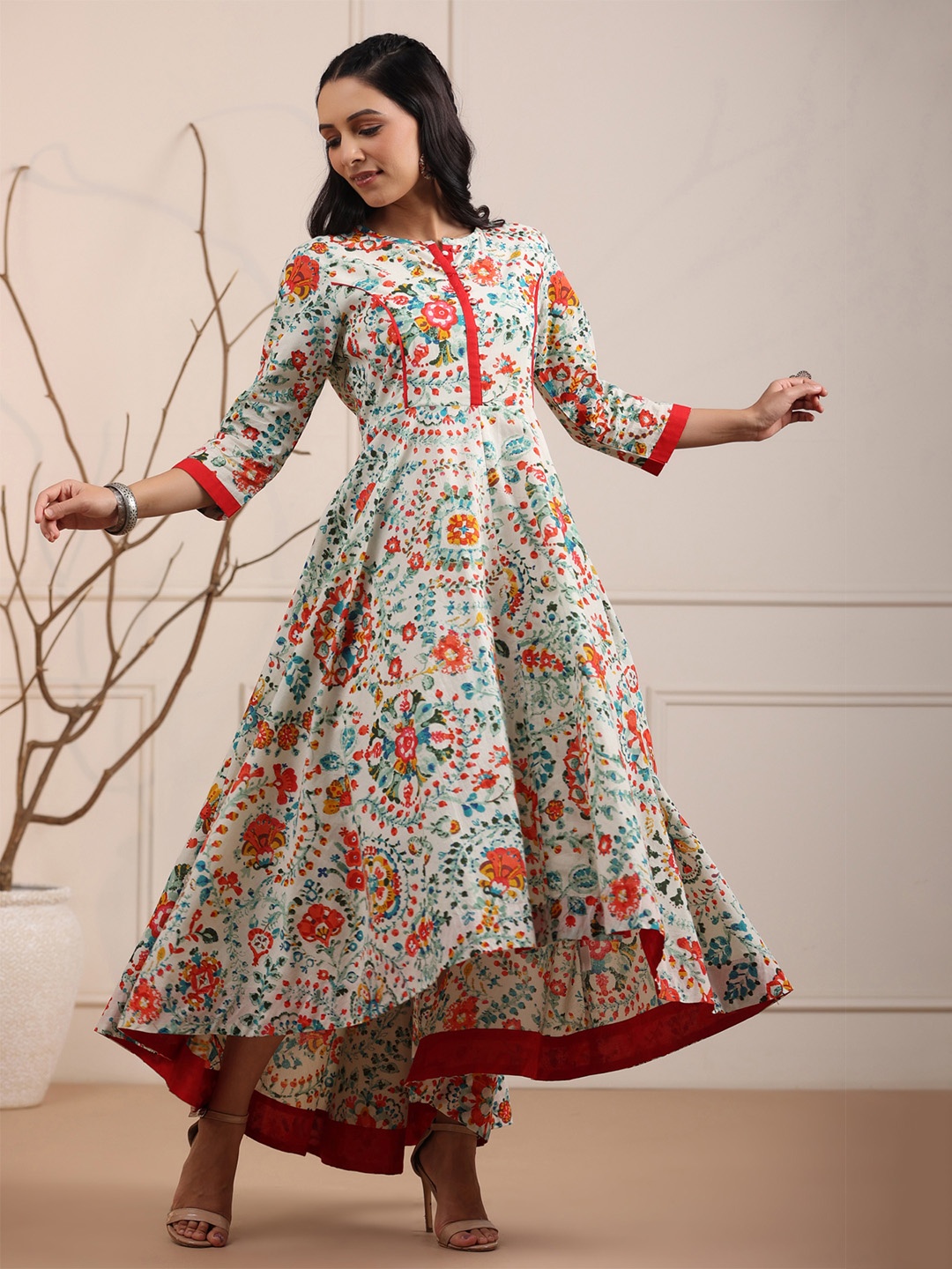 

Rain & Rainbow Sea Green & Red Pure Cotton Floral Print Maxi Dress