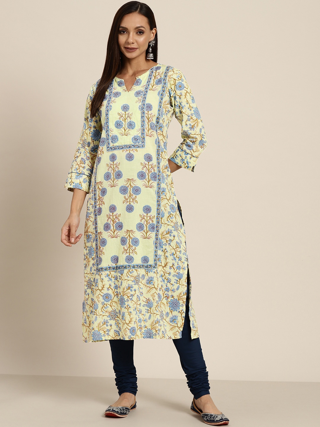 

Rain & Rainbow Women Green & Blue Pure Cotton Floral Print Kurta