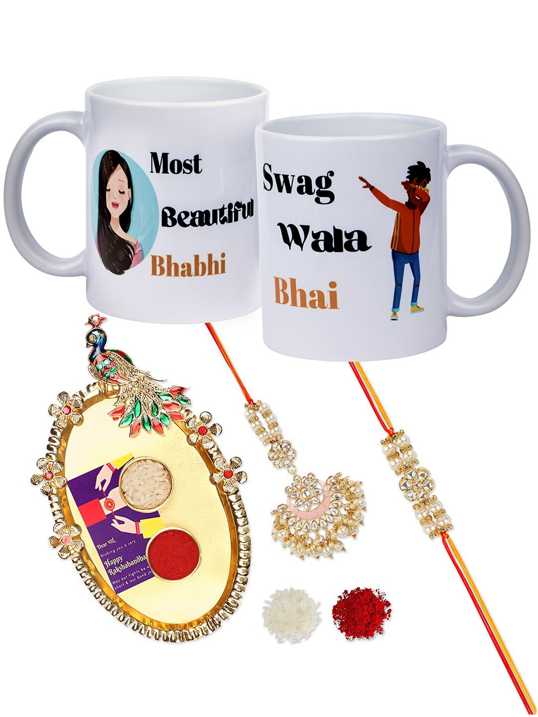 

Accessher Gift Set of 6 with Bhaiya Bhabhi Rakhis, Peacock Thali, 2 Mugs & Greeting Card, White