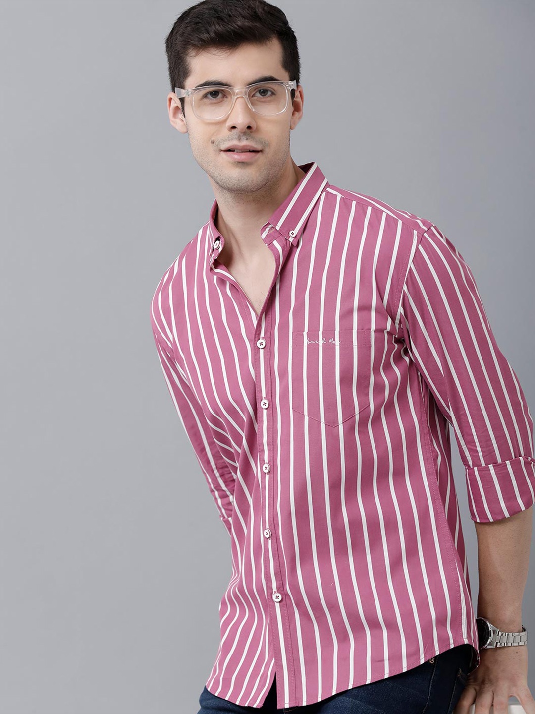 

YOVISH Men Pink Smart Slim Fit Striped Casual Shirt