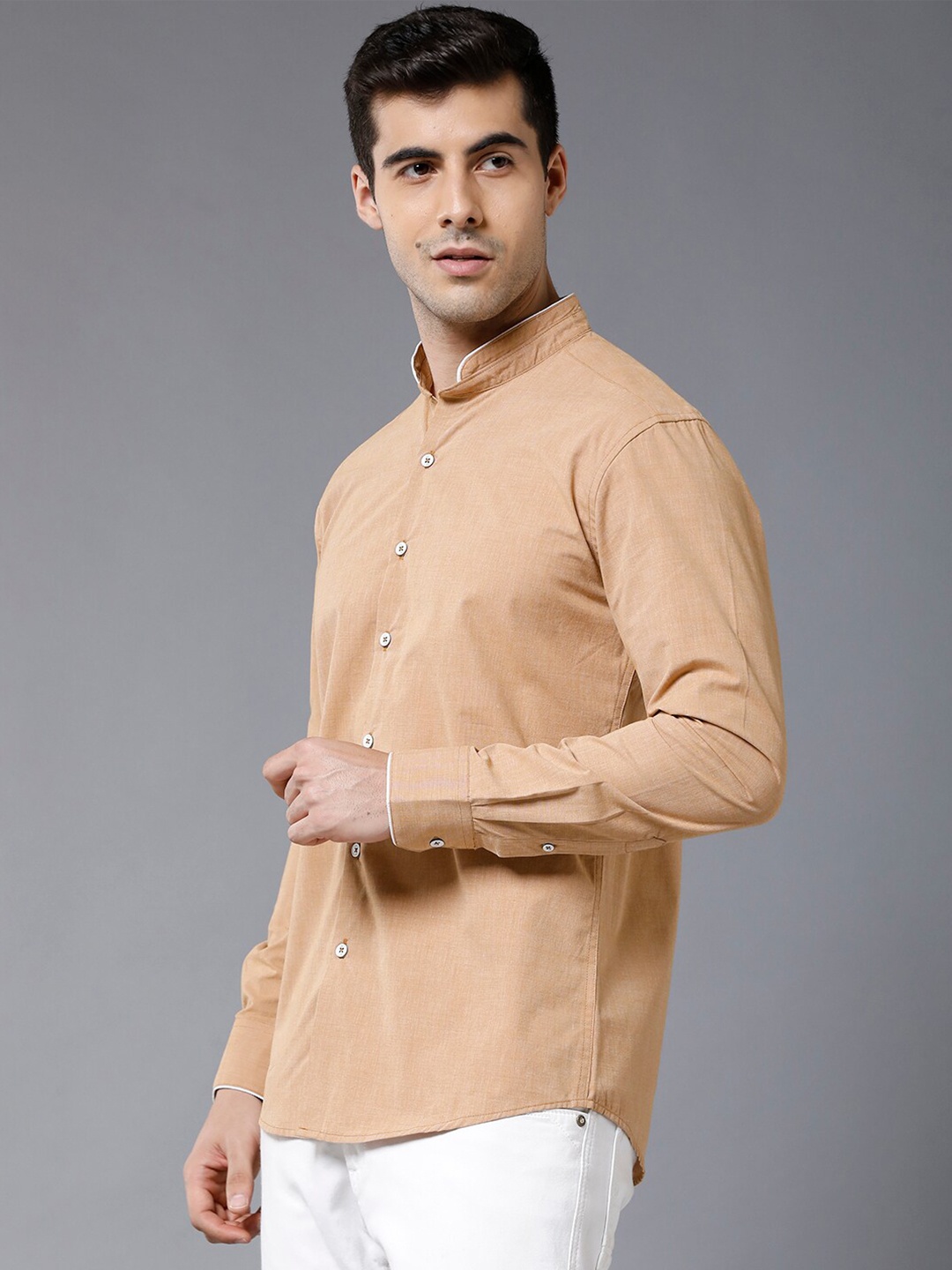 

YOVISH Men Cream-Coloured Solid Band Collar Smart Slim Fit Casual Shirt