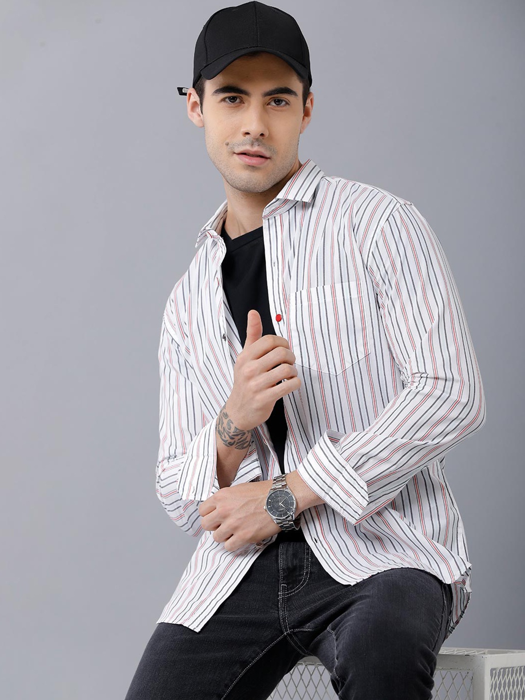

YOVISH Men White Smart Slim Fit Stiped Formal Shirt