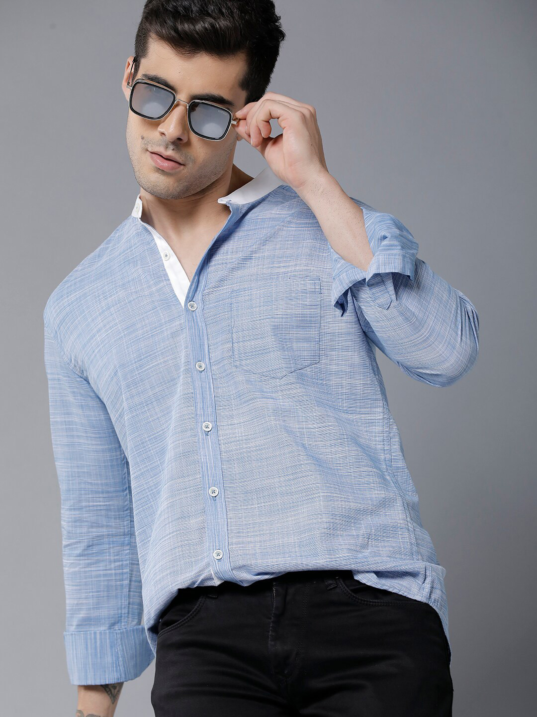 

YOVISH Men Blue Smart Slim Fit Micro Checks Checked Casual Shirt