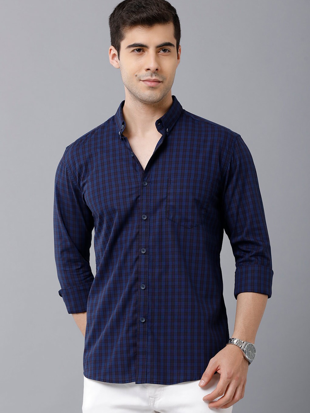 

YOVISH Men Navy Blue Smart Slim Fit Checked Casual Shirt