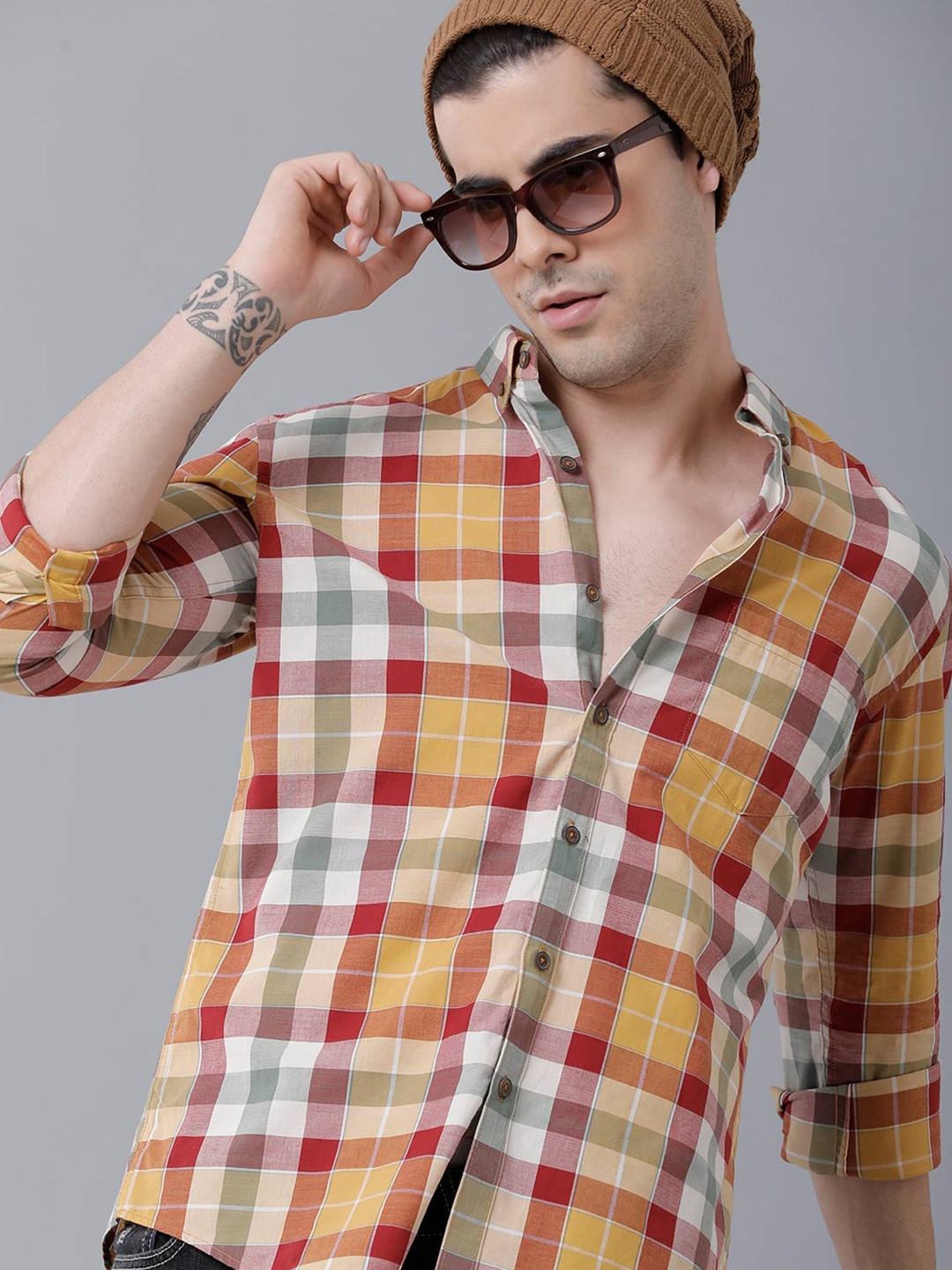 

YOVISH Men Orange Smart Slim Fit Checked Casual Shirt