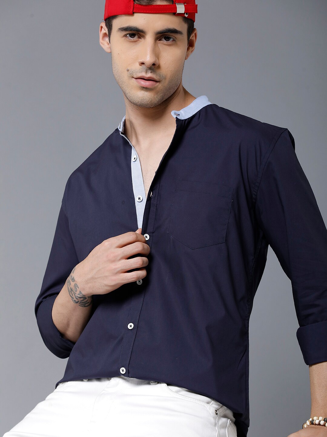

YOVISH Men Blue Contrast Neck Band Slim Fit Mandarin Collar Full sleeve shirt