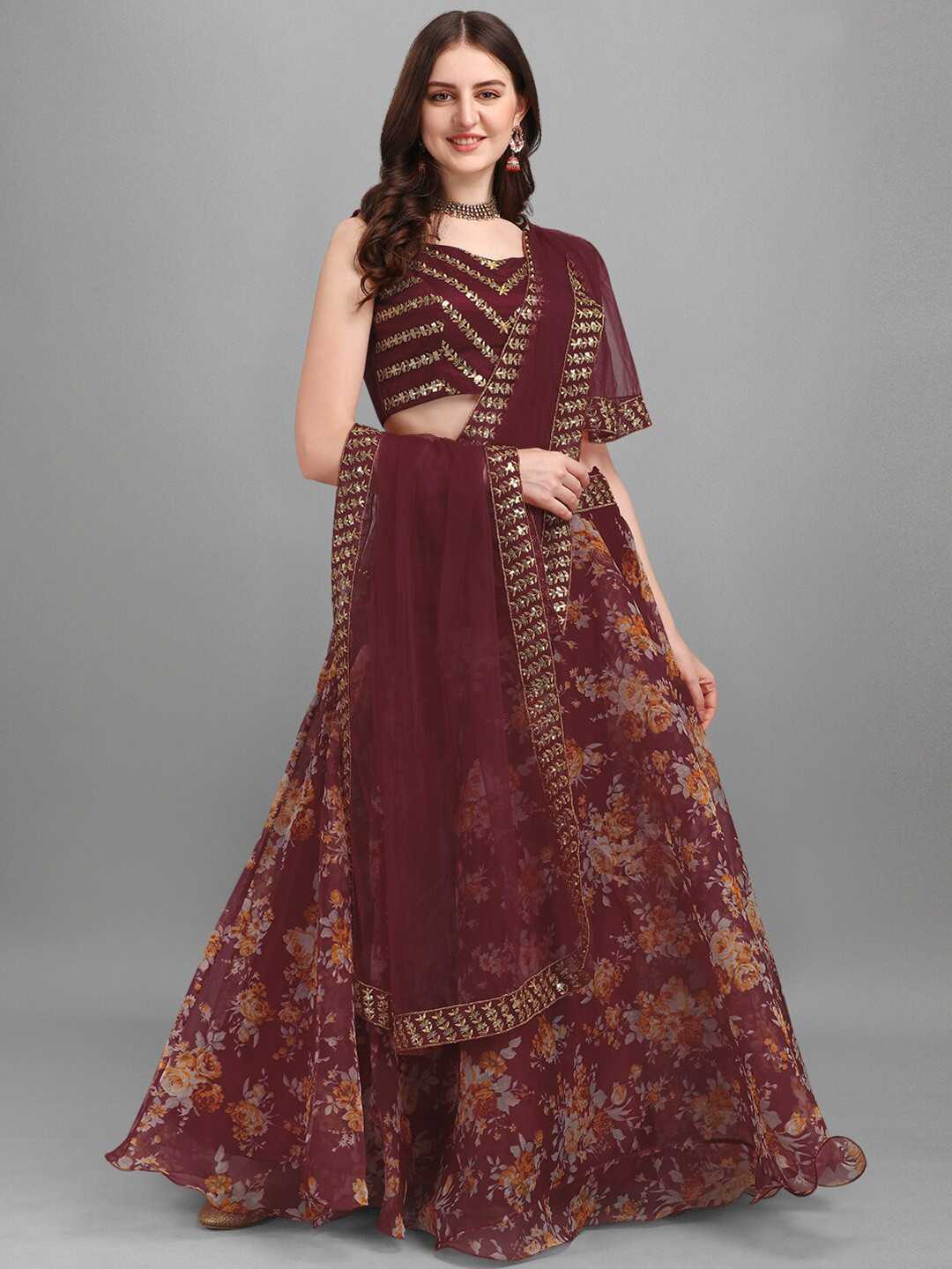 

Fashionuma Maroon Floral Print Semi-Stitched Lehenga & Unstitched Blouse With Dupatta