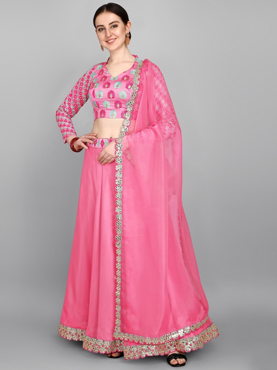 

Fashionuma Pink & Blue Semi-Stitched Lehenga & Unstitched Blouse With Dupatta