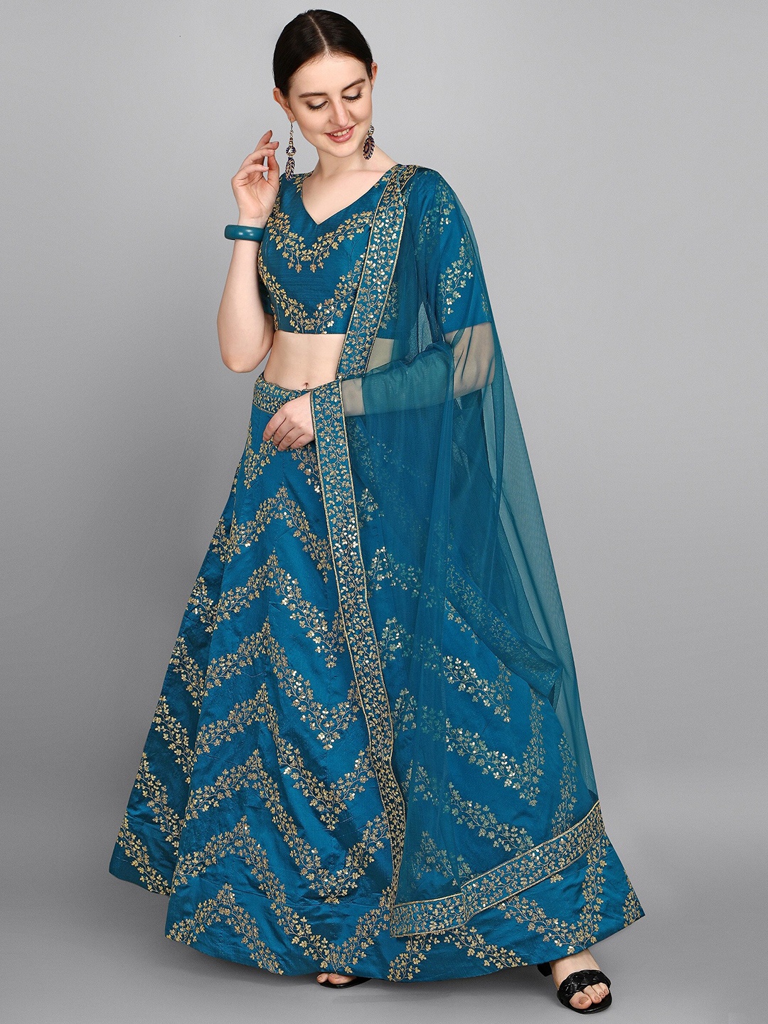 

Fashionuma Blue & Gold-Toned Semi-Stitched Lehenga & Unstitched Blouse With Dupatta, Turquoise blue