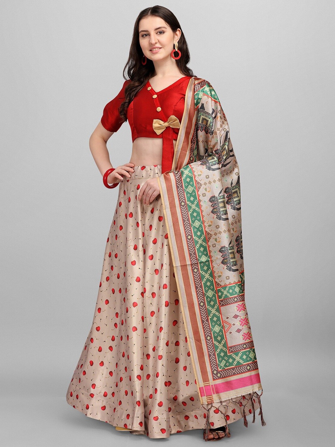 

Fashionuma Beige & Red Semi-Stitched Lehenga & Unstitched Blouse With Dupatta