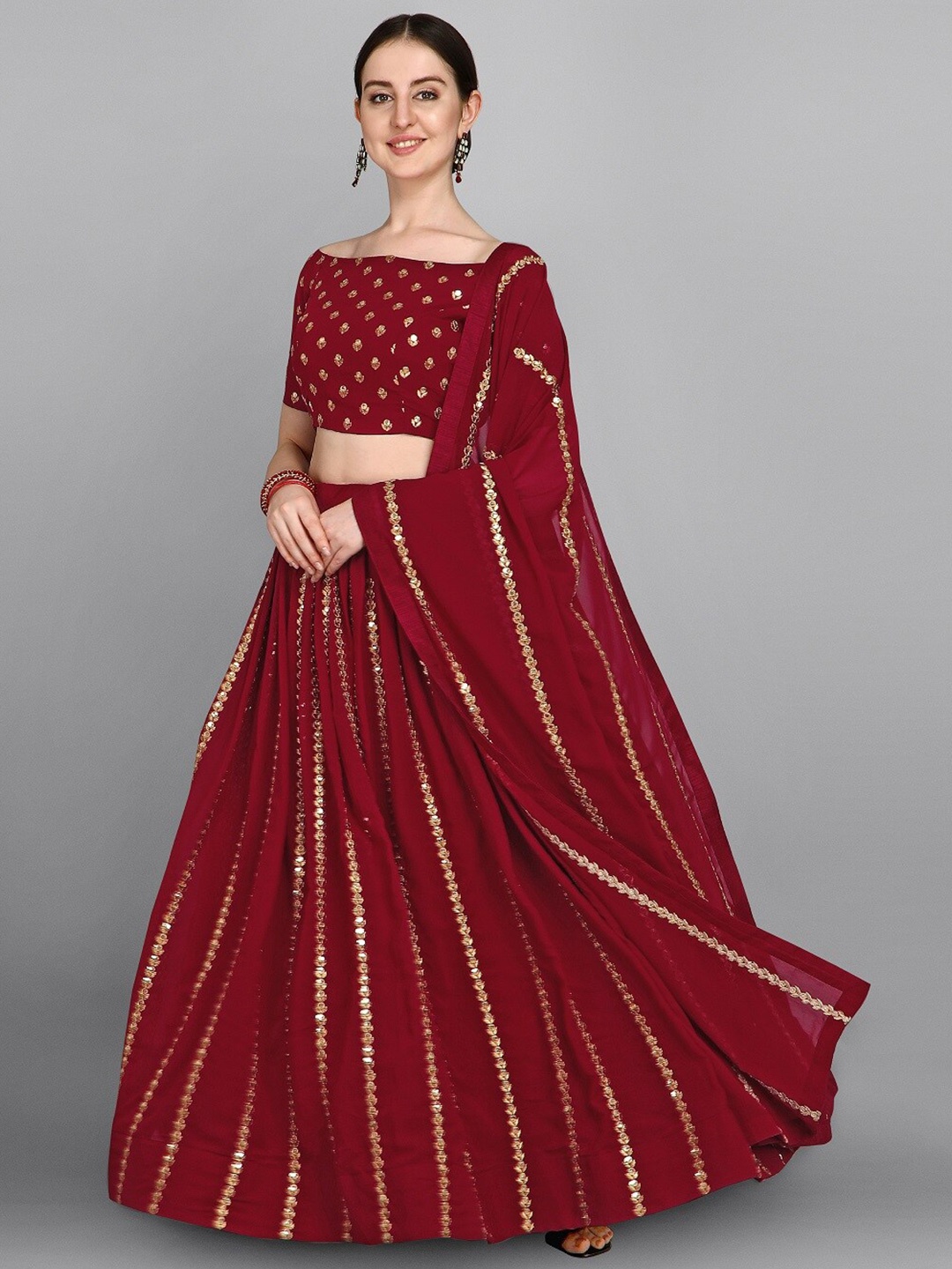 

Fashionuma Women Maroon & Gold-Toned Sequinned Semi-Stitched Lehenga & Blouse With Dupatta