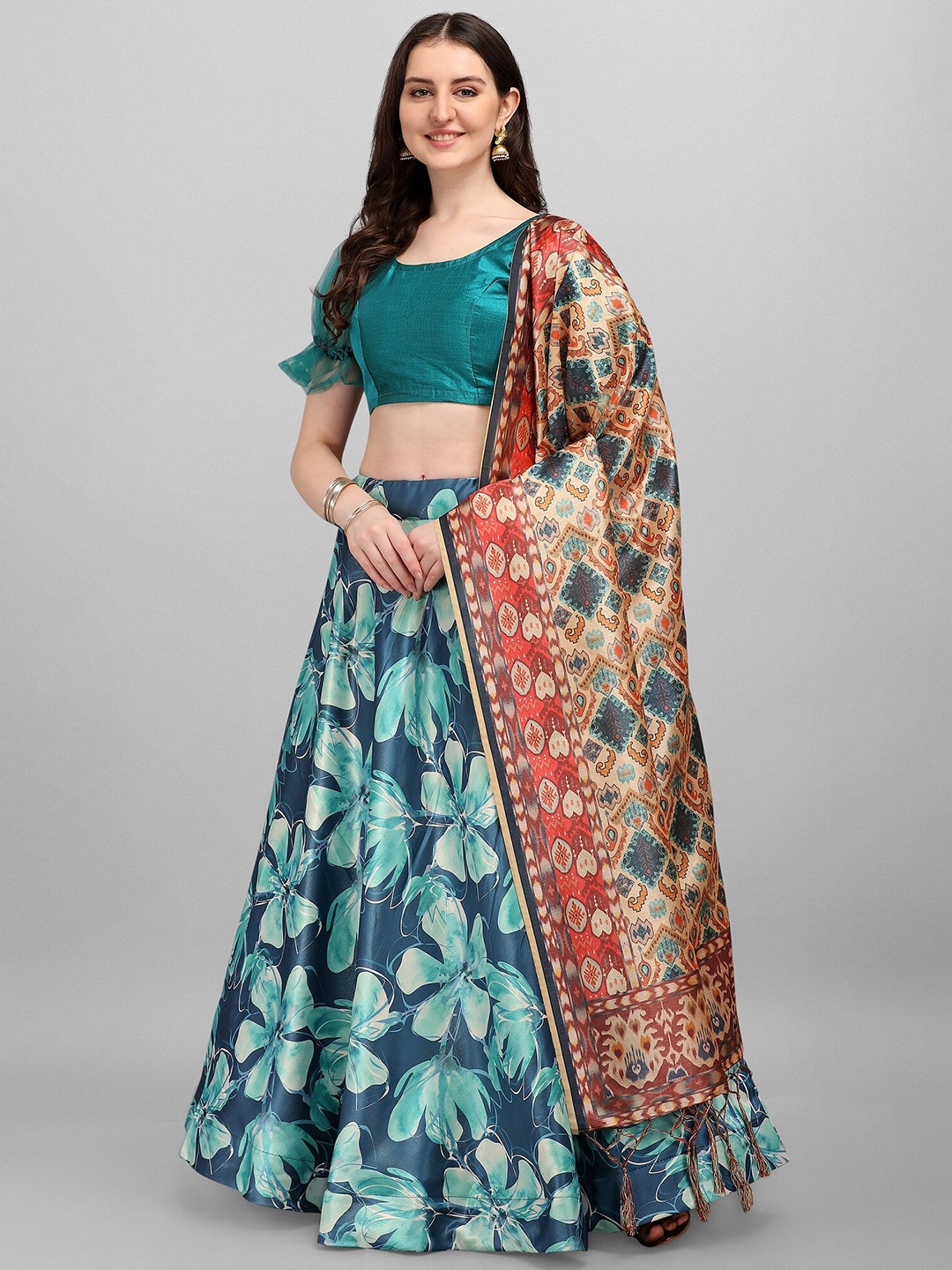 

Fashionuma Blue & Red Semi-Stitched Lehenga & Unstitched Blouse With Dupatta