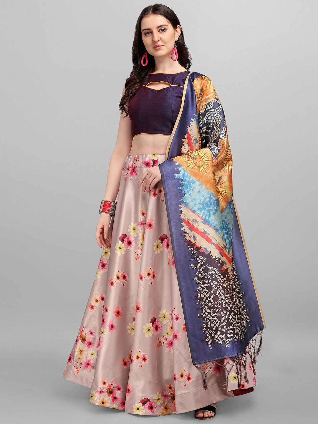 

Fashionuma Peach-Coloured & Purple Semi-Stitched Lehenga & Unstitched Blouse With Dupatta