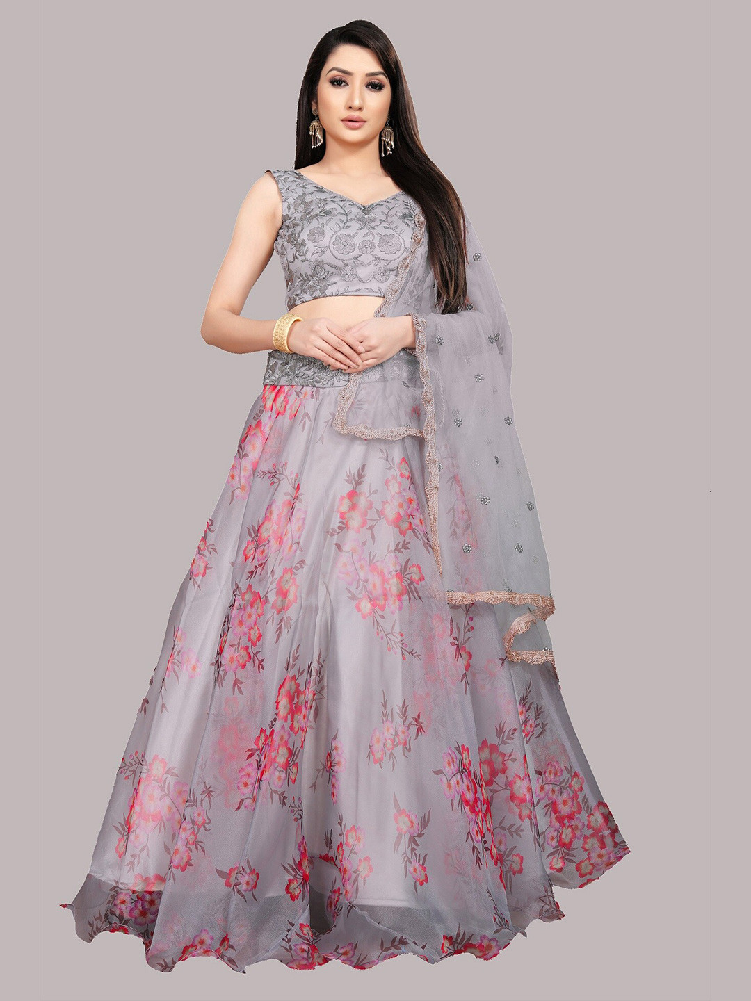 

Fashionuma Grey & Pink Embroidered Sequinned Semi-Stitched Lehenga & Unstitched Blouse With Dupatta