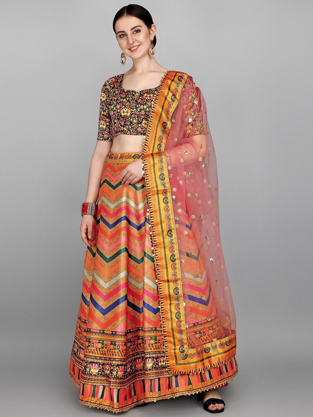 

Fashionuma Orange & Pink Printed Semi-Stitched Lehenga & Unstitched Blouse With Dupatta