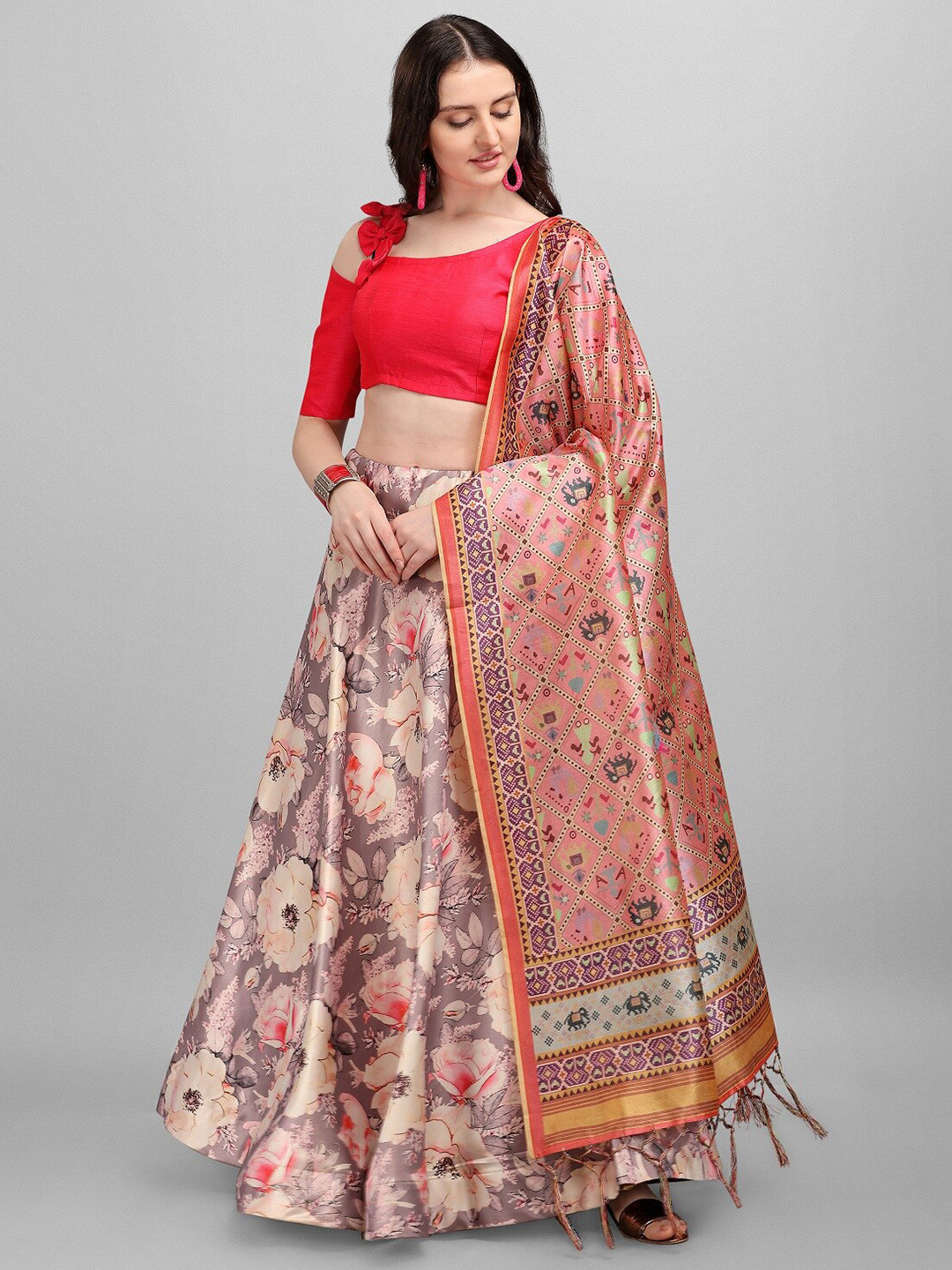

Fashionuma Grey & Purple Semi-Stitched Lehenga & Unstitched Blouse With Dupatta