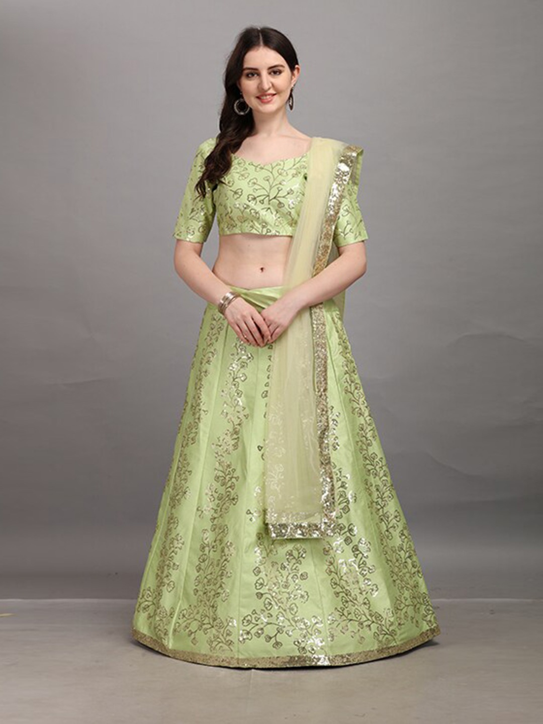 

Fashionuma Turquoise Blue Embellished Sequinned Semi-Stitched Lehenga Choli