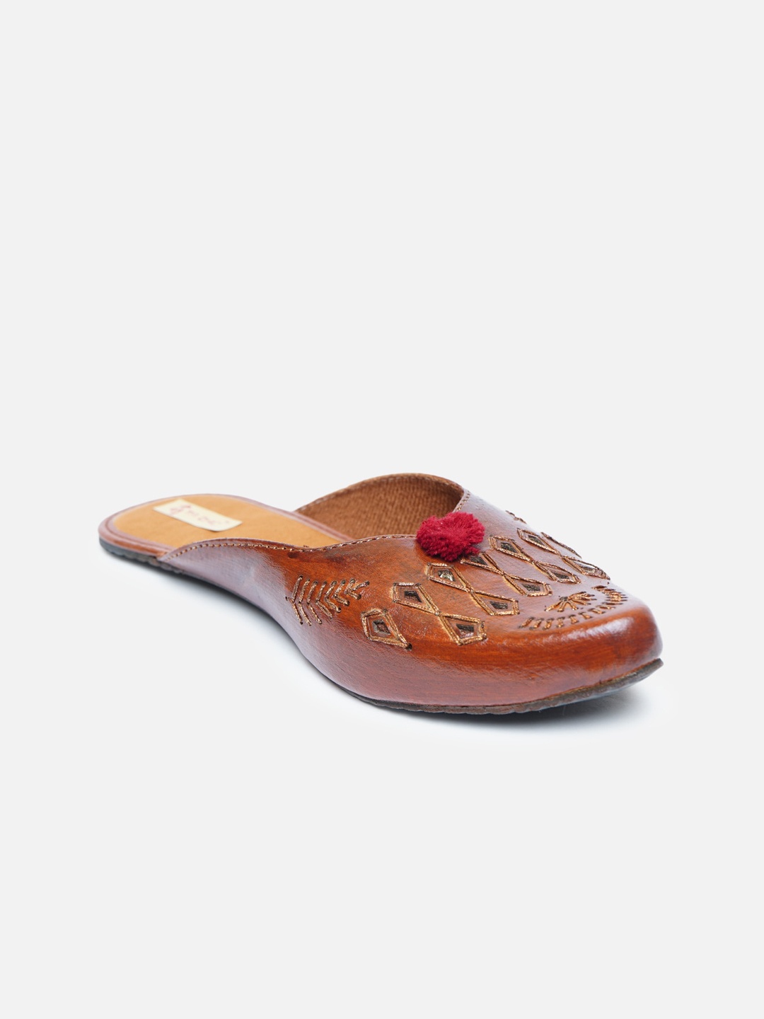 

Ta Chic Women Brown Embellished Leather Ethnic Laser Cuts Mojaris Flats