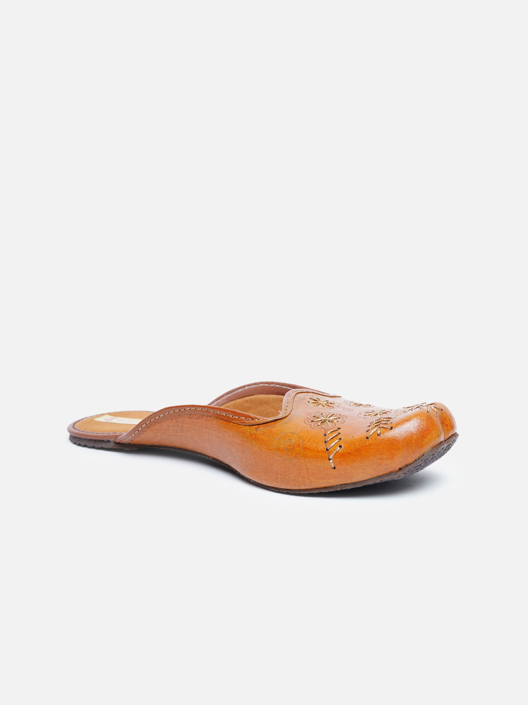 

Ta Chic Women Brown & Gold Embellished Leather Ethnic Laser Cuts Mojaris Flats