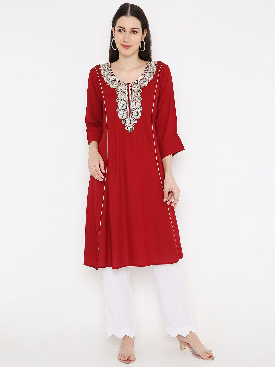 

Peppertree Women Maroon Embroidered Panelled A-Line Kurta