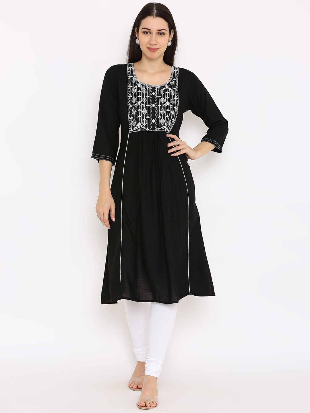 

Peppertree Women Black Geometric Yoke Design Thread Work A-line Kurta