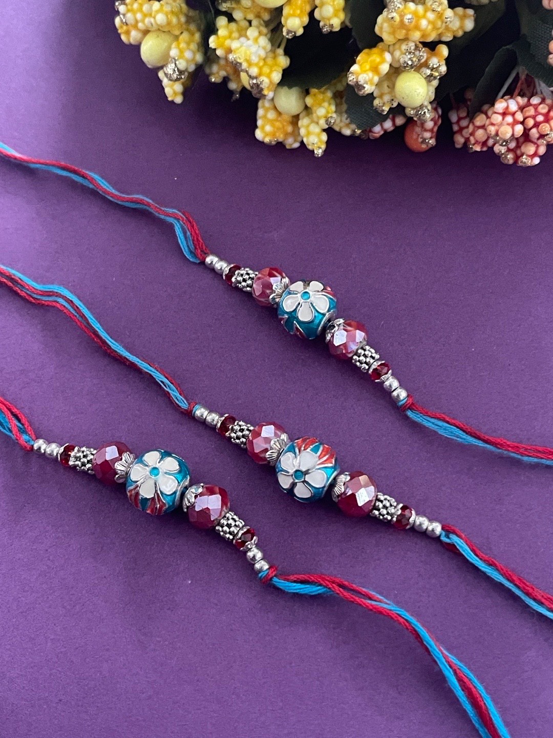 

Digital Dress Room Men Pack Of 3 Silver-Toned Meenakari & Blue Kundan Beaded Thread Rakhi