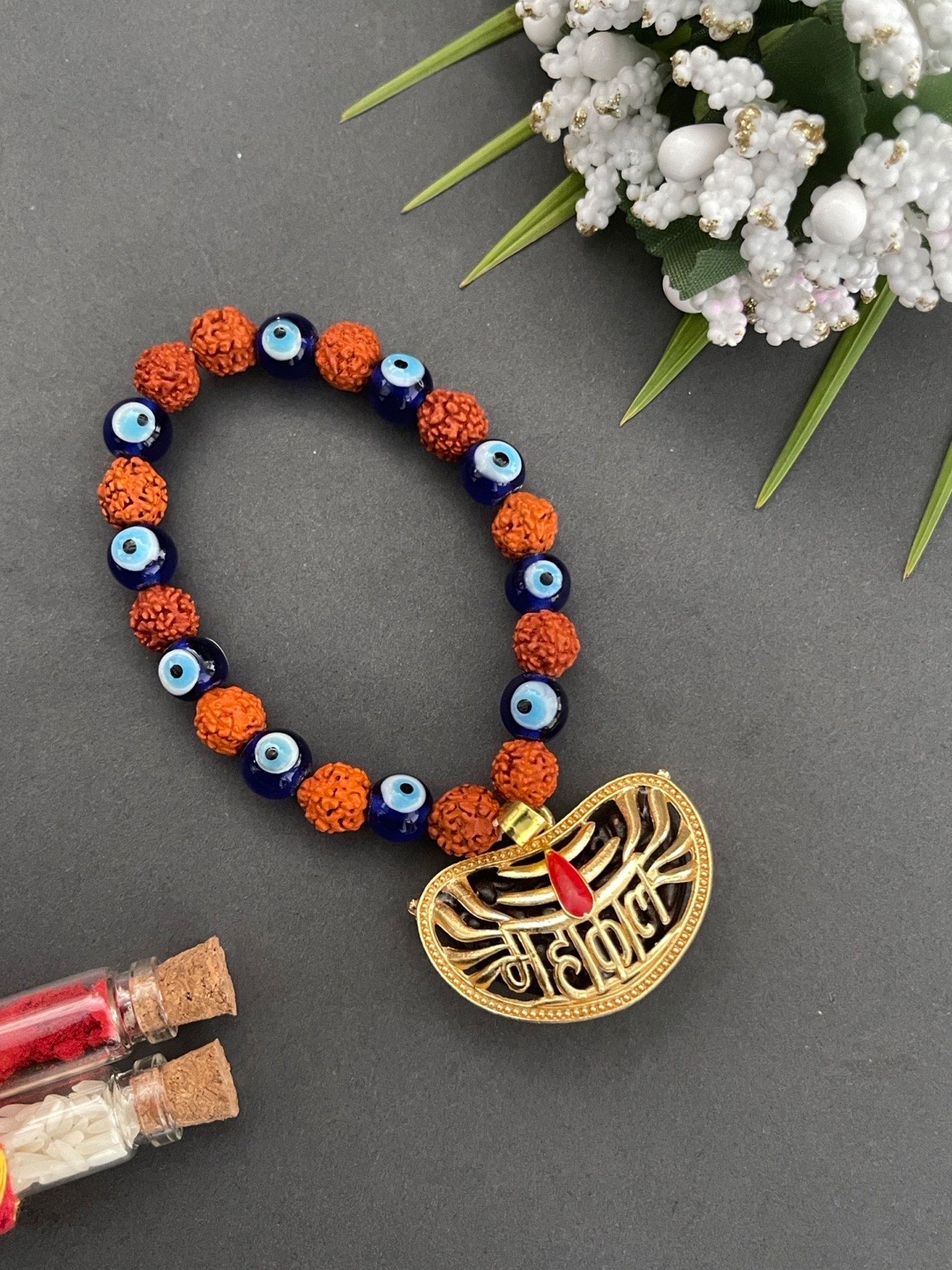 

Digital Dress Room Brown & Gold-Toned Rudraksha & Evil Eye Beaded Rakhi Bracelet