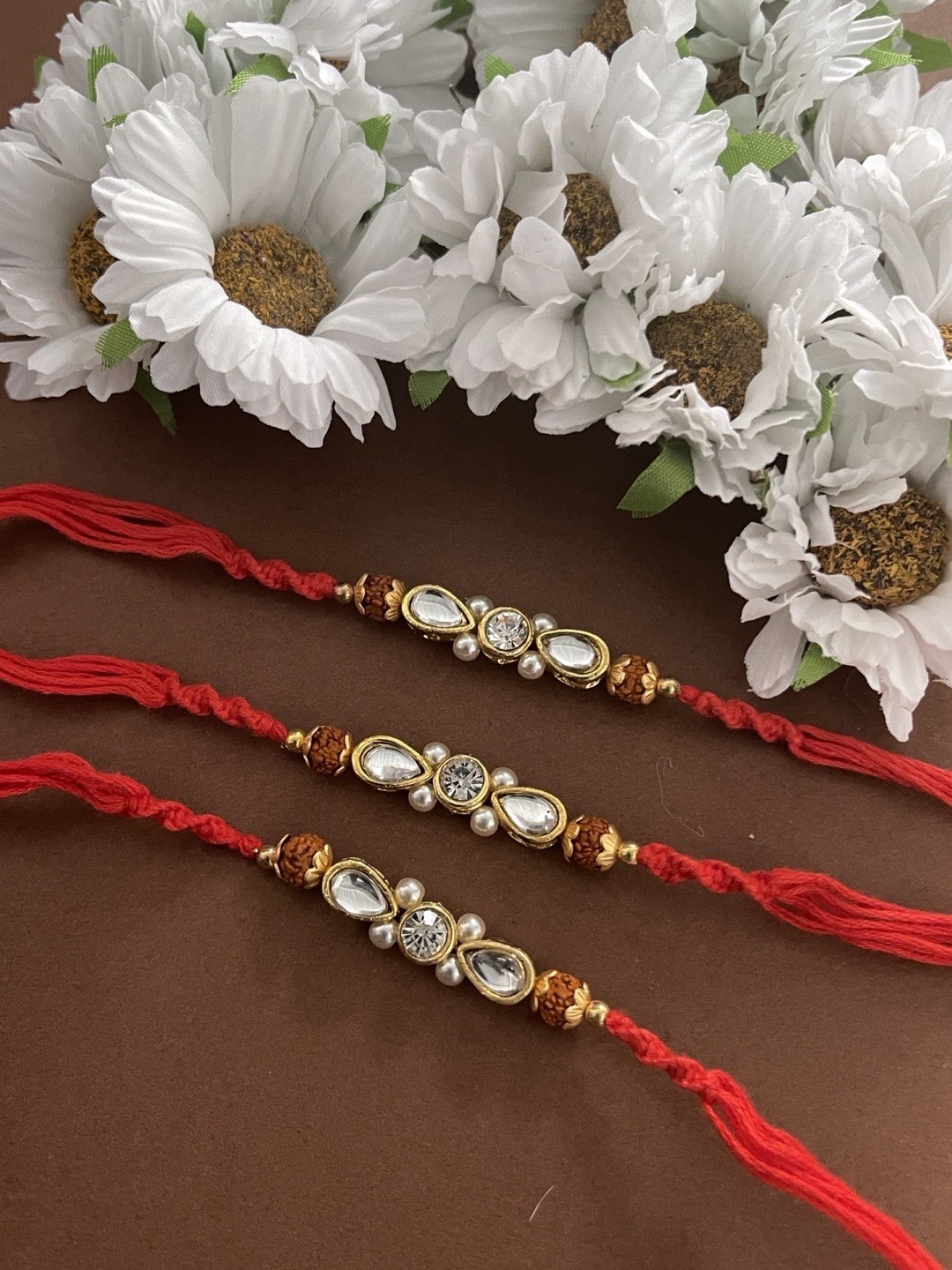 

Digital Dress Room Men Set of 3 Kundan Studded Thread Rakhi, Gold