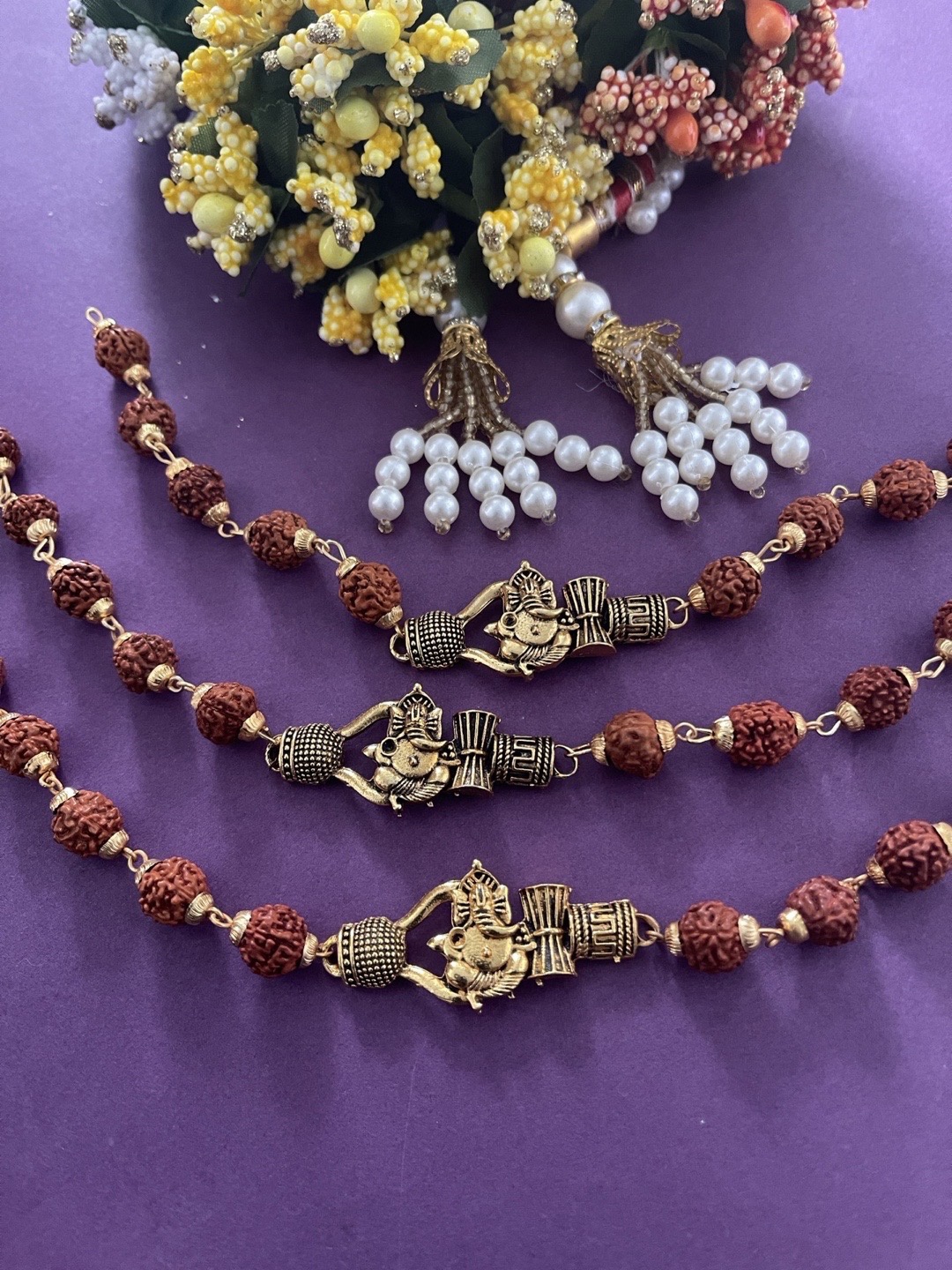 

Digital Dress Room Men Set Of 3 Gold-Plated & Brown Ganpati Rudraksha Beaded Bracelet Rakhis