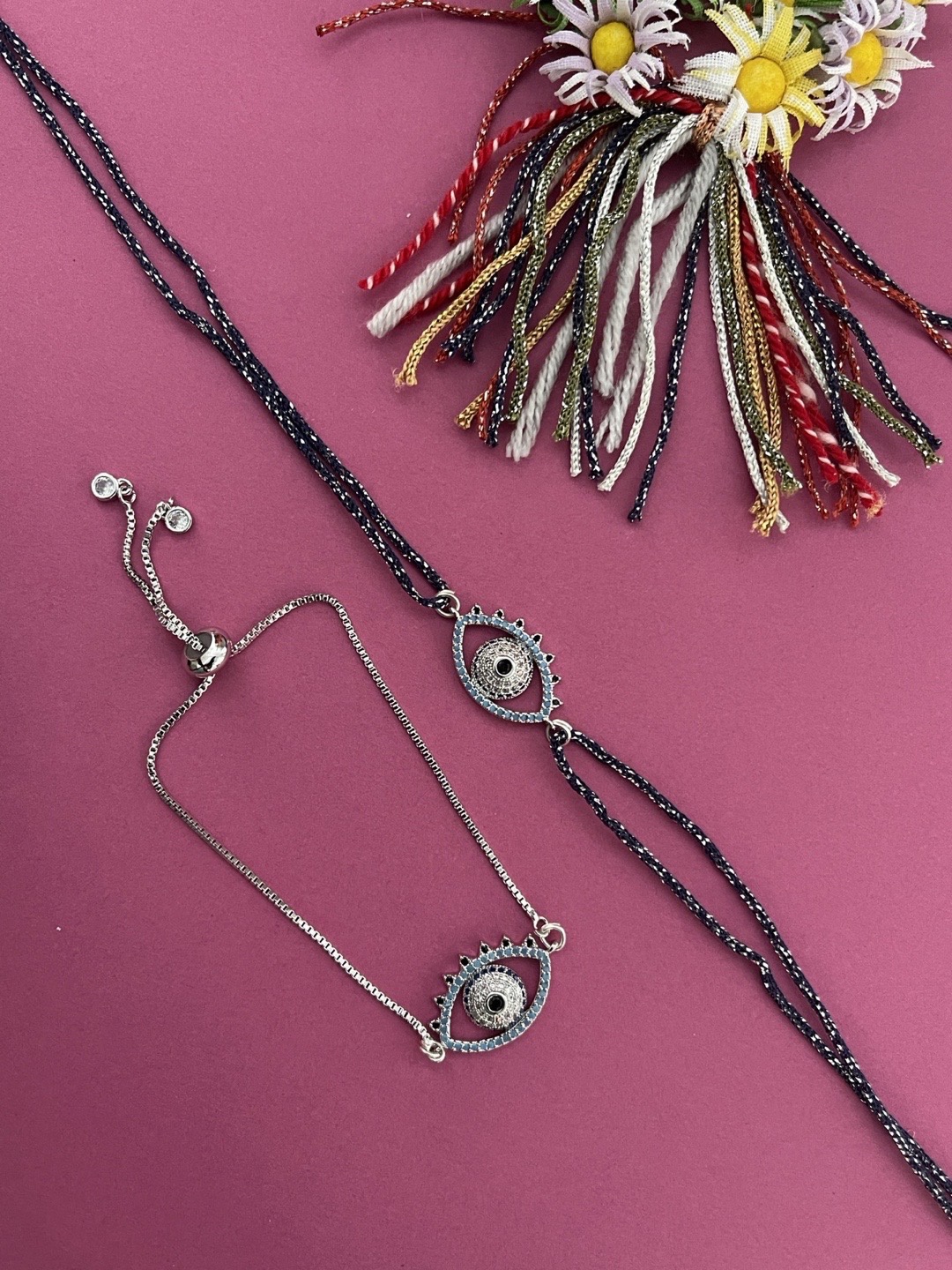 

Digital Dress Room Men Set of 2 Silver-Plated Beaded Evil-Eye Rakhi