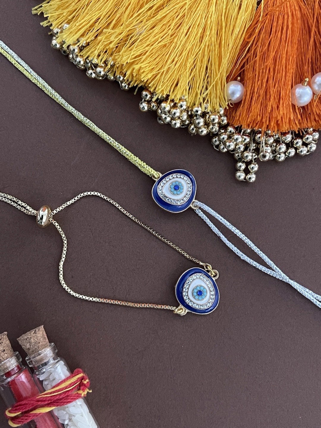 

Digital Dress Room Men Set Of 2 Gold-Toned & Blue Evil Eye Bracelet & Rakhi Thread