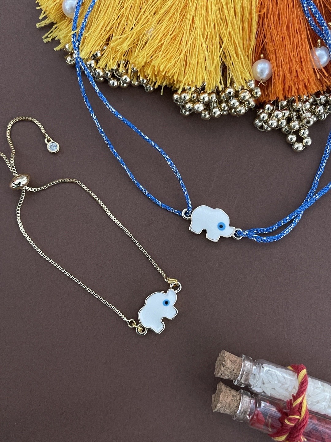 

Digital Dress Room Men Set Of 2 Gold-Plated Blue & White Elephant Enamel Evil Eye Bracelet & Thread Rakhi