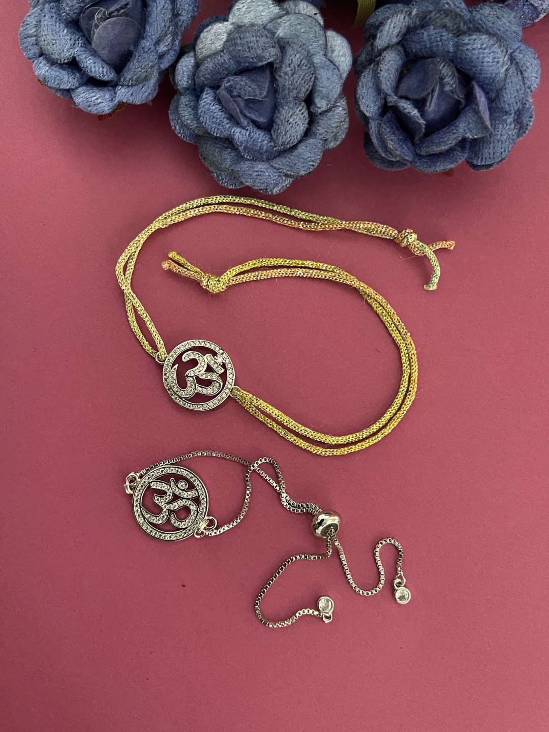 

Digital Dress Room Men Set of 2 Silver-Plated AD-Studded Om Bracelet & Thread Rakhi