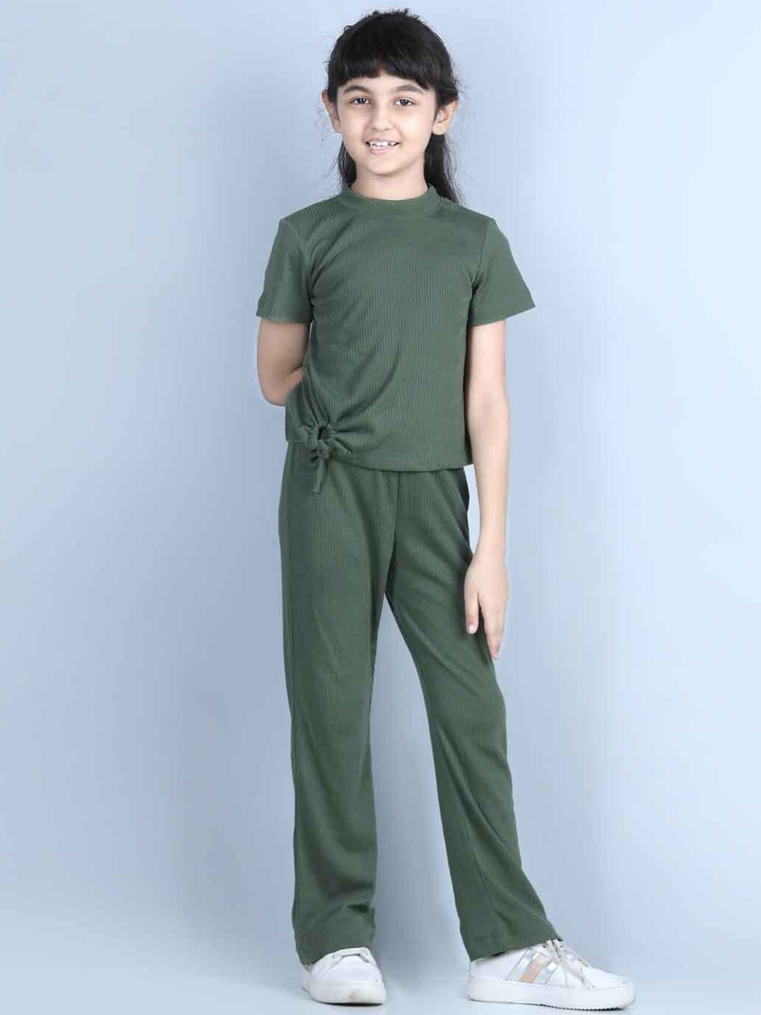 

luyk Girls Olive Green Solid Ribbed Cotton Clothing Set