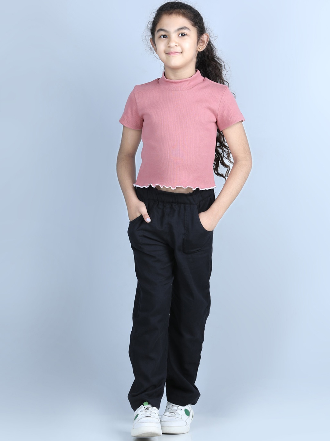 

luyk Girls Pink & Black Solid Pure Cotton Top with Trousers