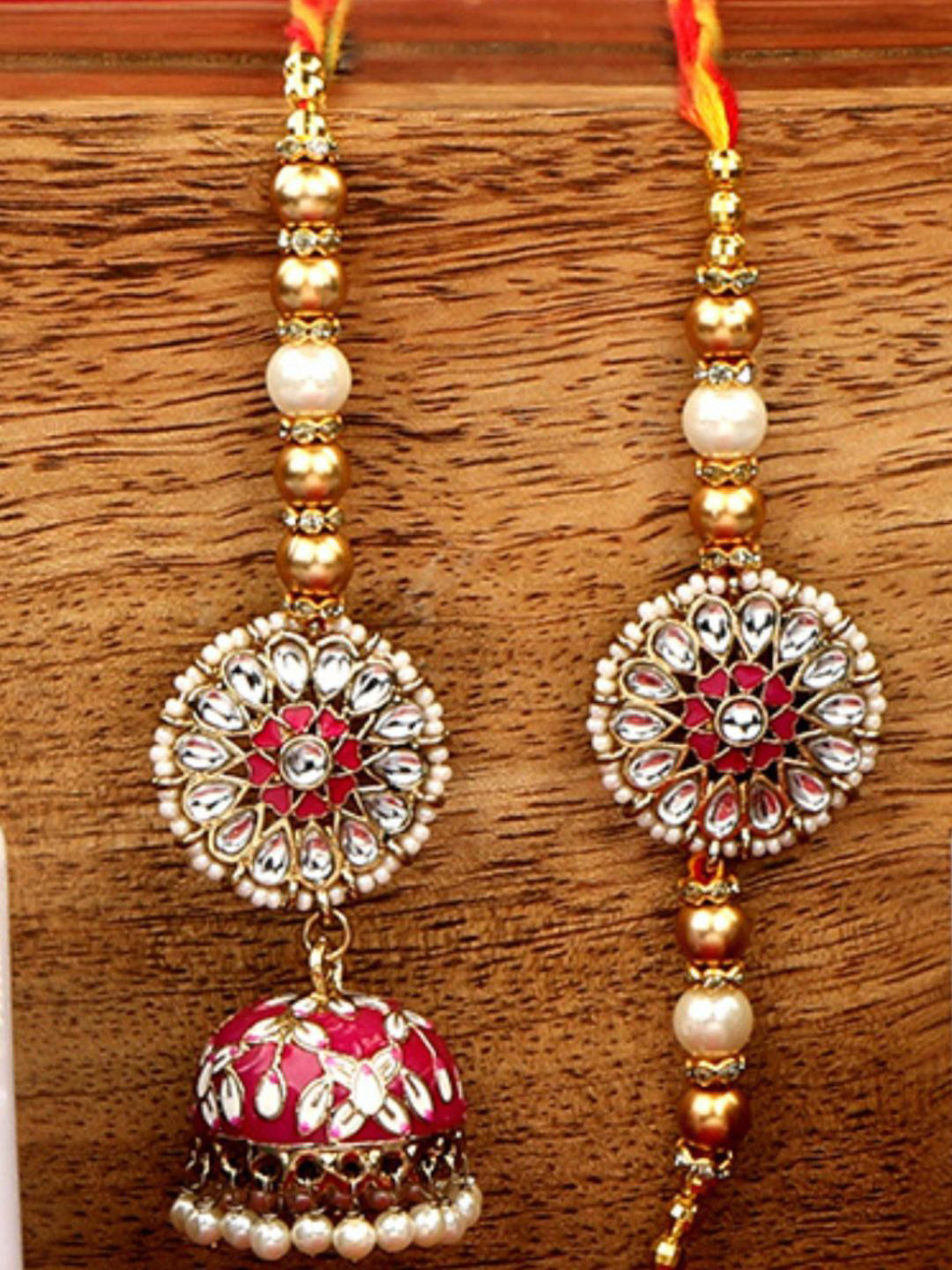 

AccessHer Red & Gold-Toned Stone-Studded Kundan Bhaiya Bhabhi Rakhi Gift Set