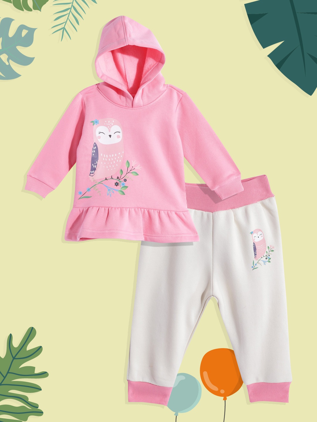 

White Snow Infant Girls Pink & Beige Graphic Printed Winter Clothing Set