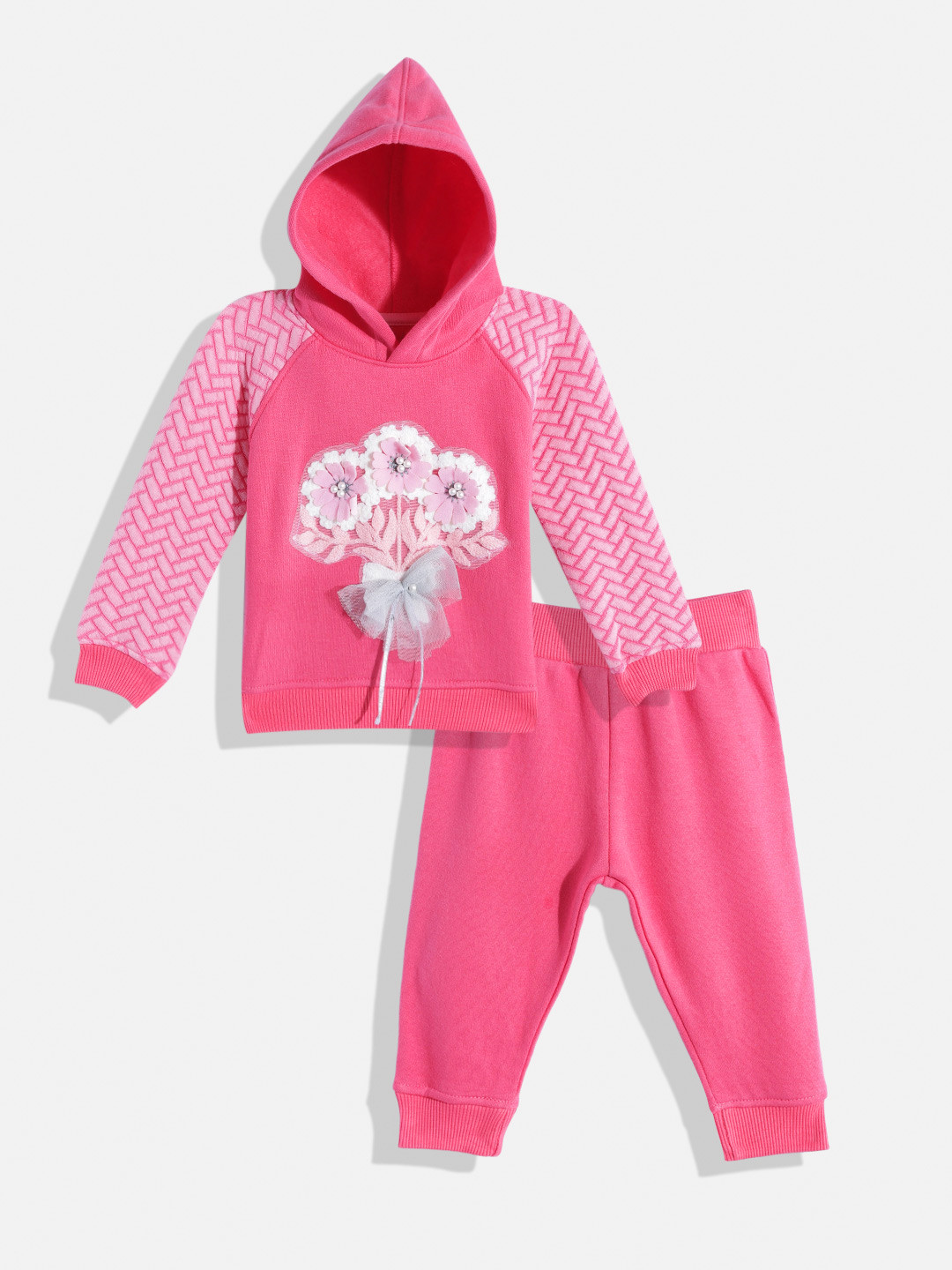 

White Snow Infant Girls Fuchsia Pink Applique Detail Hooded Fleece Sweatshirt with Joggers