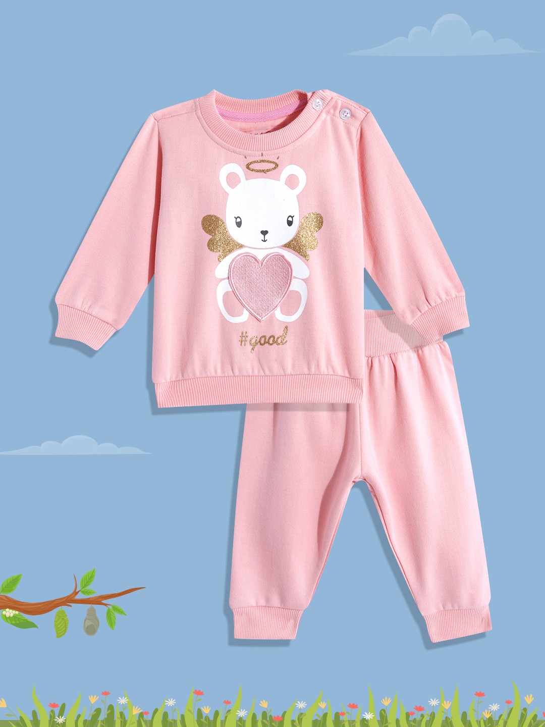 

White Snow Infant Girls Pink & White Printed Fleece Sweatshirt with Joggers