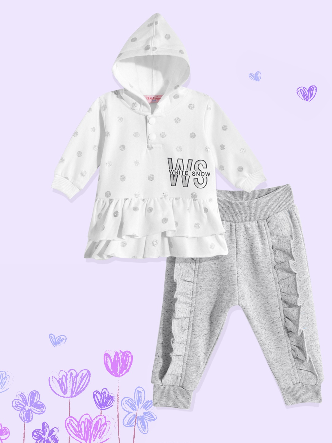 

White Snow Infant Girls White & Grey Printed Hooded Fleece Top with Joggers