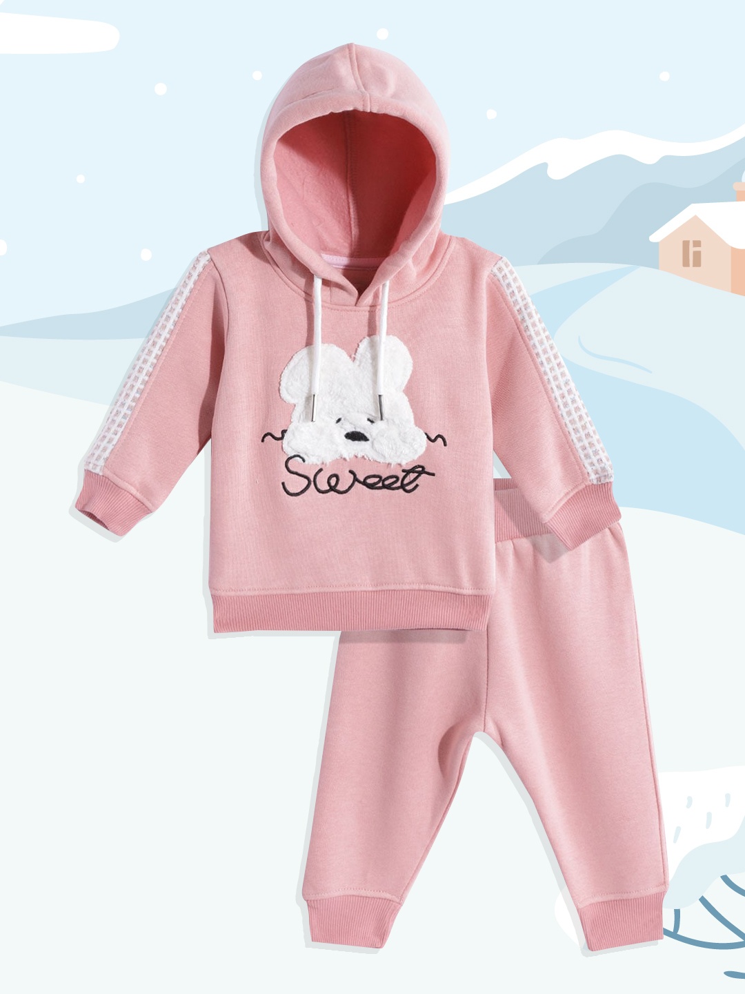 

White Snow Infant Girls Pink Applique Detail Hooded Fleece Sweatshirt with Joggers