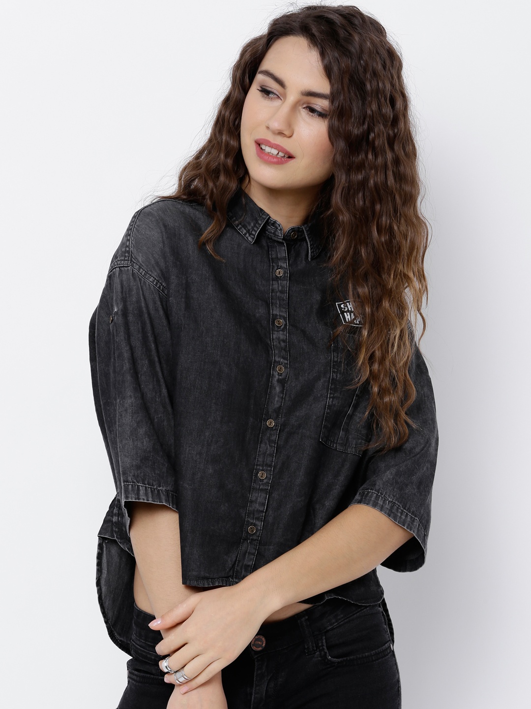 

Tokyo Talkies Women Charcoal Grey Solid Casual Shirt